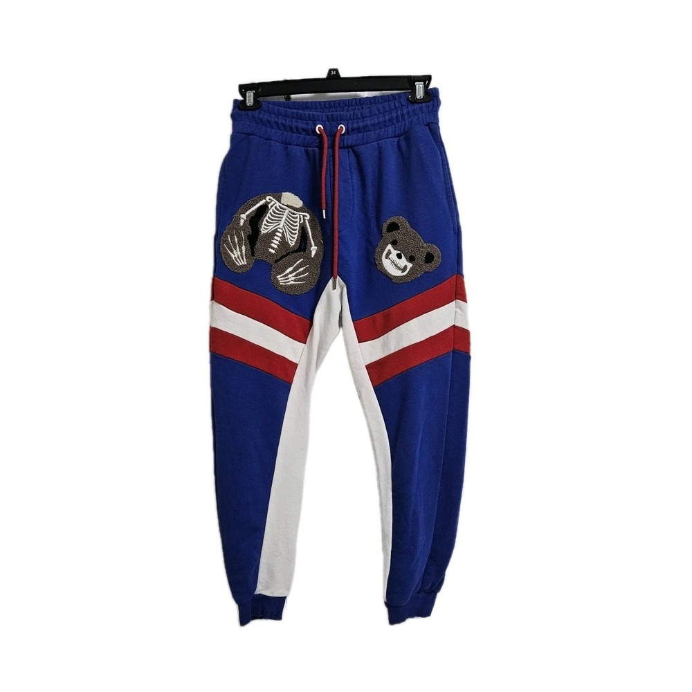 Finch LA Sweatpants Mens Small Blue Skeleton Bear Colorblock Joggers Streetwear*